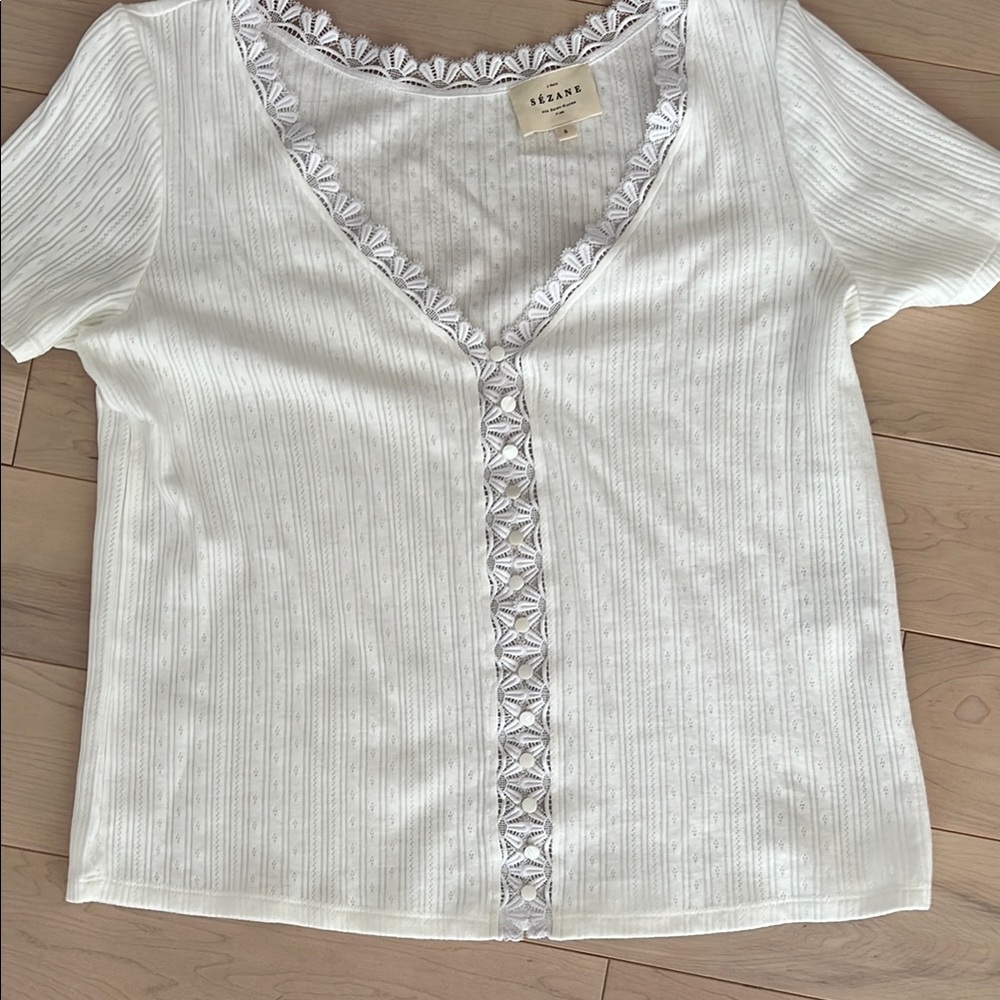 Sezane Madeline White Lace Trim Top